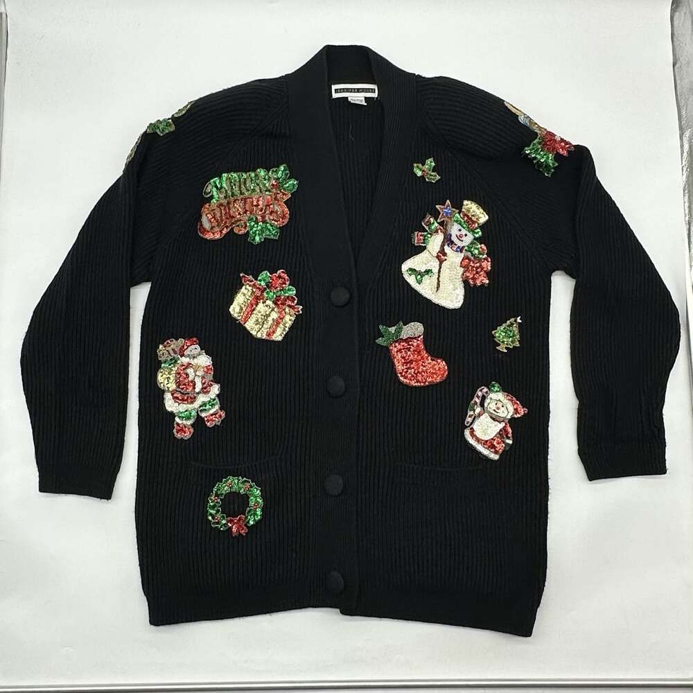 Jennifer Moore Size Medium Vintage Christmas Sequin Bead Black Cardigan Sweater
